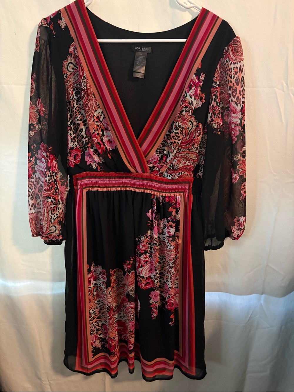 Bisou Bisou Black Dress with Pink and Red Paisley Floral Print
